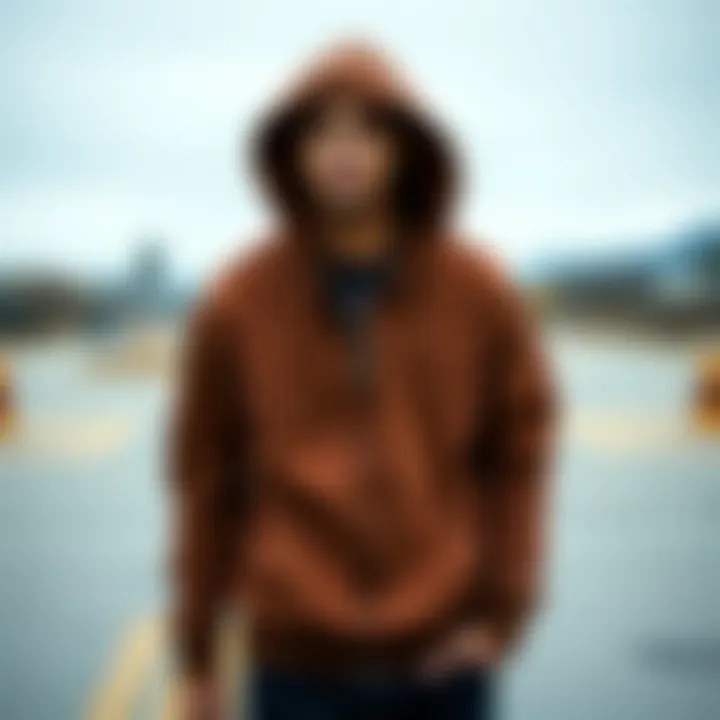 A glimpse of current trends featuring brown zip hoodies in everyday wear