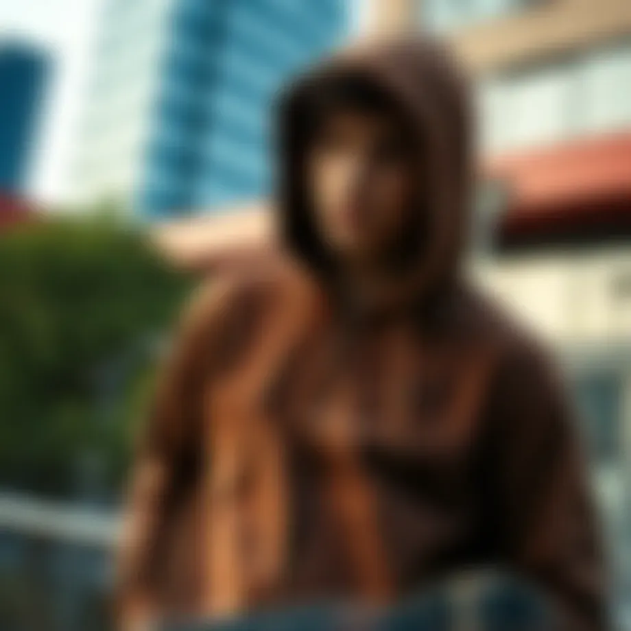 Stylish brown zip hoodie displayed in a modern urban setting