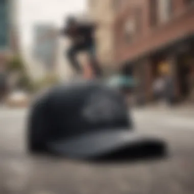 A skateboarder wearing a truck hat in an urban setting.