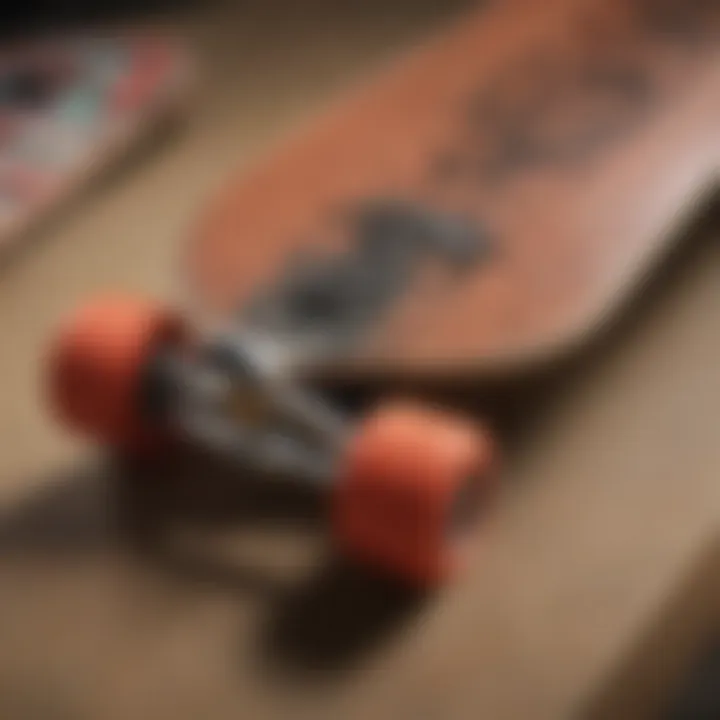 A close-up view of an Academy skateboard showcasing intricate graphics and design.