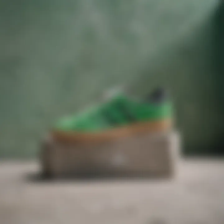 Fashionable display of Adidas skate shoes in green against a concrete backdrop