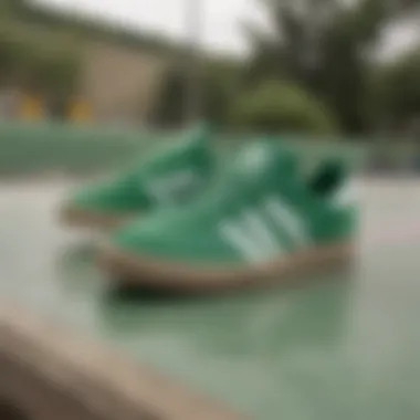 Stylish green Adidas skate shoes showcased on a vibrant skate park backdrop