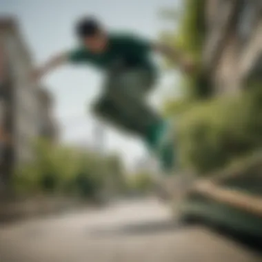 A skateboarder performing a trick while wearing green Adidas shoes