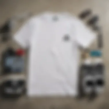 Flat lay of the adidas white tee shirt with skateboarding accessories and urban elements