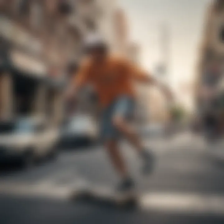 An iconic skateboarder wearing Almost Famous shorts in an urban setting.