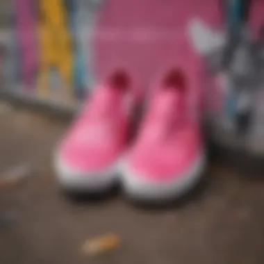 An artistic depiction of hot pink slip-on Vans against a graffiti backdrop, symbolizing street culture.