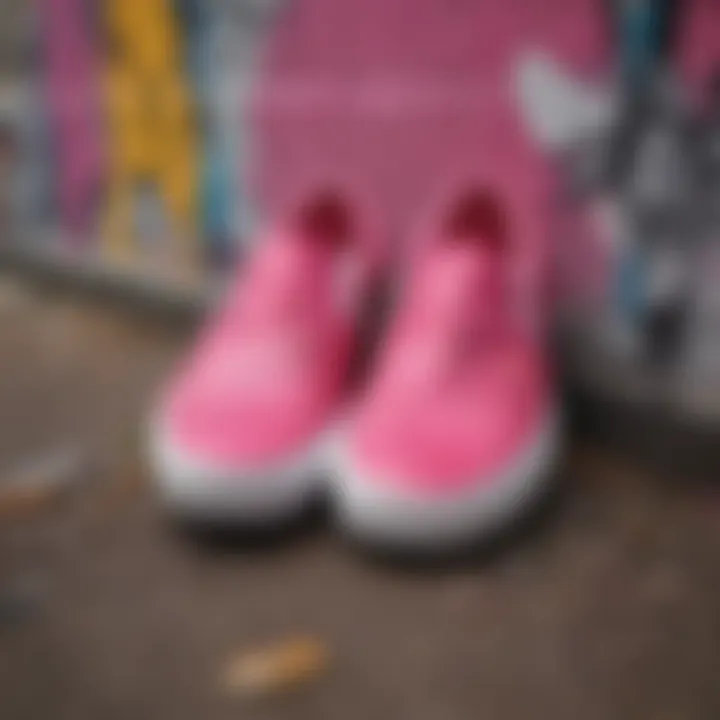 An artistic depiction of hot pink slip-on Vans against a graffiti backdrop, symbolizing street culture.