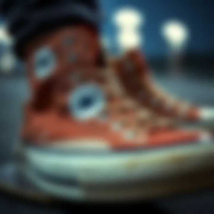 Close-up of the unique design features of brown Converse high tops