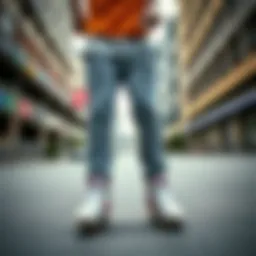 Stylish Champion lightweight sweatpants showcased in an urban skate setting