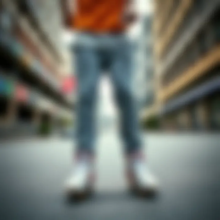 Champion Sweatpants in Urban Skate Setting Stylish Champion lightweight sweatpants showcased in an urban skate setting