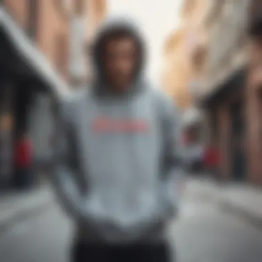 Skateboarder wearing Champion multi logo hoodie in urban setting