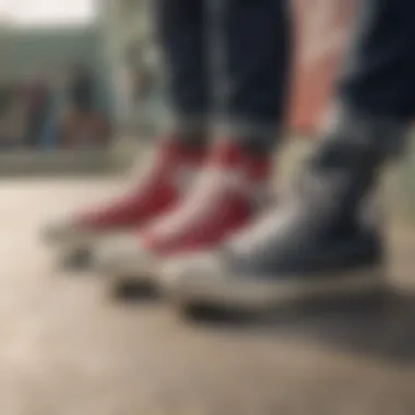 Group of skaters discussing footwear choices at a skate park