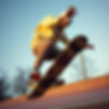 Skateboarder in Action with Vans Skateboarder performing a trick wearing Vans shoes