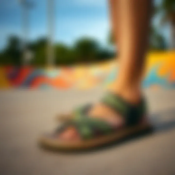Cobian Sandals in Skate Park Setting Cobian sandals showcased against a vibrant skate park backdrop