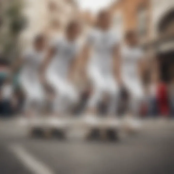 A group of skaters wearing white vans, demonstrating unity and style.