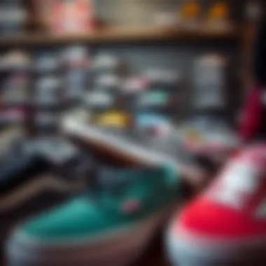 A display of various Vans shoe models in a skate shop