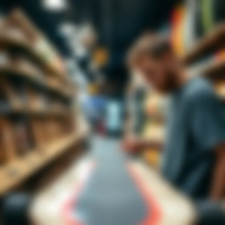Rider analyzing longboard features in a shop