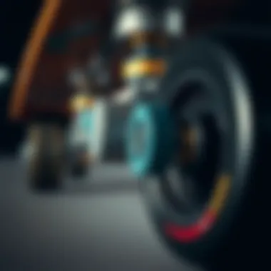 Close-up view of longboard wheels and trucks