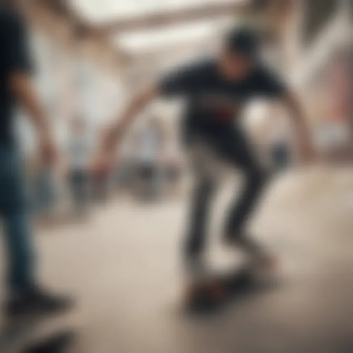 A dynamic scene depicting skateboarders wearing various brand shirts in a skate park.