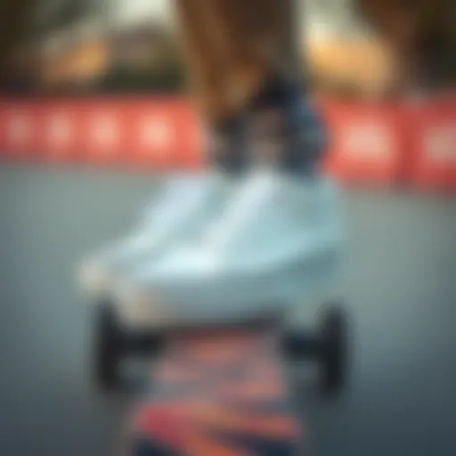 Classic White Vans on Skateboard A classic pair of white Vans sneakers on a skateboard deck