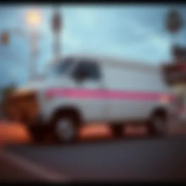 An artistic interpretation of skate culture elements, incorporating a white van with a pink stripe.