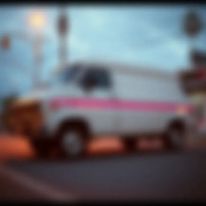 An artistic interpretation of skate culture elements, incorporating a white van with a pink stripe.