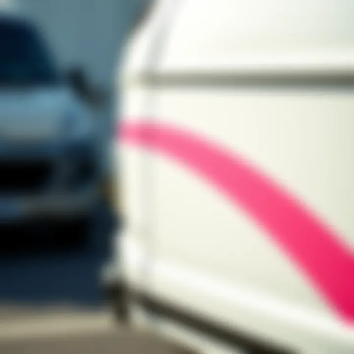 Close-up of the pink stripe on a white van, showcasing its design detail and aesthetic appeal.
