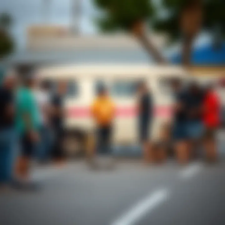 A group of skateboarders gathered around a white van with a pink stripe, engaged in a lively discussion.