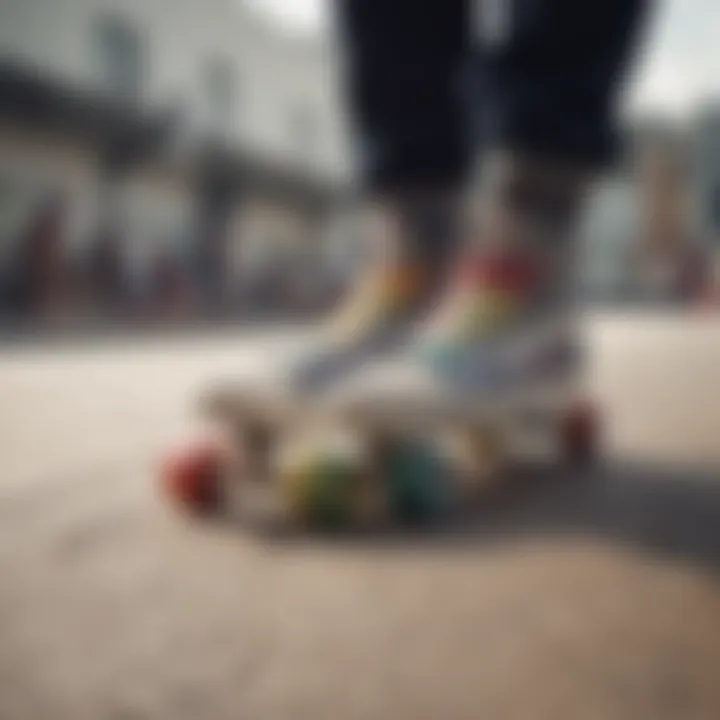 A skateboarder showcasing their customized board adorned with rainbow laces.