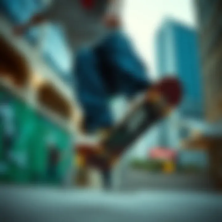 Skater in Action with Dickies 874 Skater performing tricks while wearing Dickies 874 pants in an urban setting