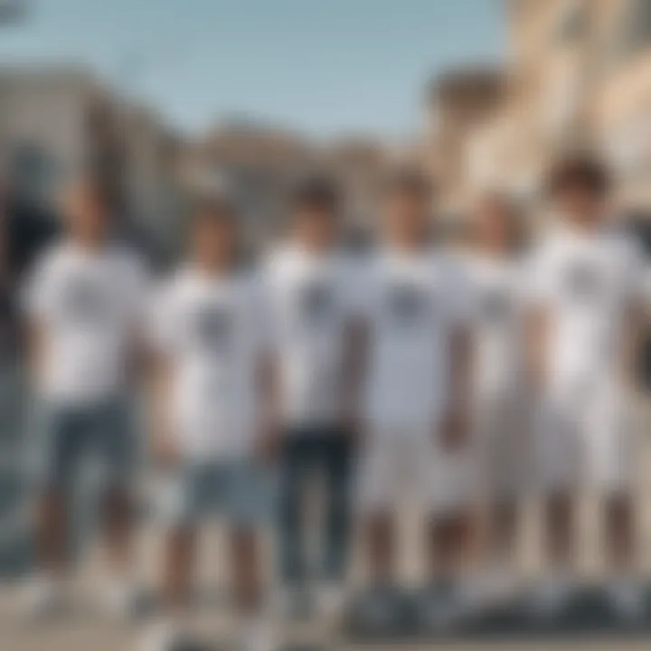 Group of skateboarders showcasing diverse styles while wearing adidas white tee shirts