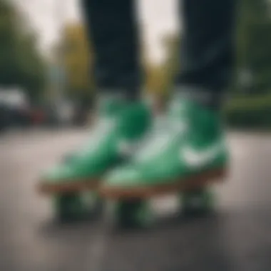 Vibrant green Nike Blazers on a skateboard