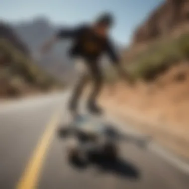 A scenic route with a skateboarder in motion, epitomizing exploration and the thrill of the open road