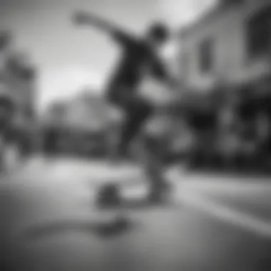 A historic black-and-white photograph of a skateboarding legend performing a trick, showcasing cultural impact