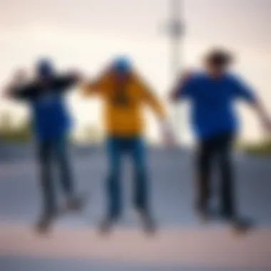 Skaters in Action with Blue Dickies Skaters performing tricks while wearing blue Dickies, illustrating their functionality in action.