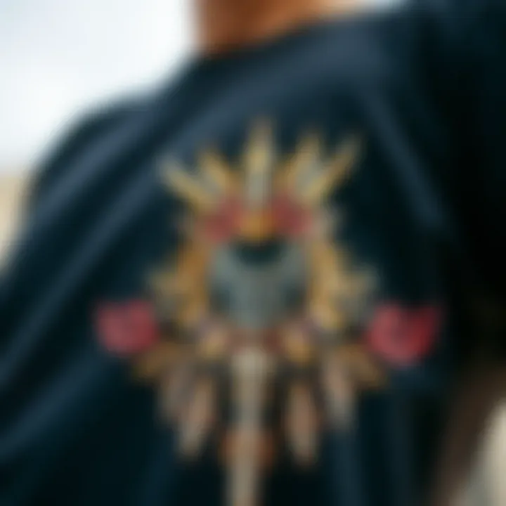 Intricate Graphic Design on T-Shirt Close-up of intricate graphic designs on a t-shirt