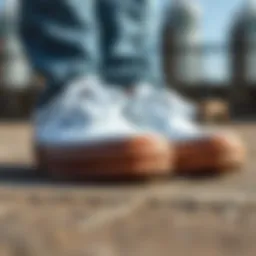 Close-up of white Vans showcasing the texture of the material and the contrast of the brown sole