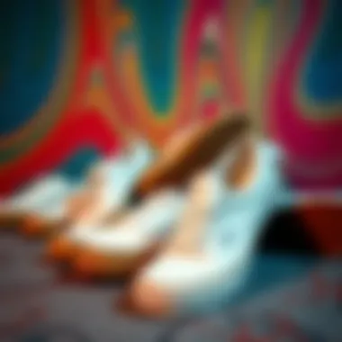 Showcasing the Versatility of White Vans A collection of white Vans with brown soles displayed against a vivid backdrop