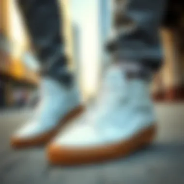 White Vans in Urban Fashion A stylish urban setting featuring white Vans with brown soles being worn casually