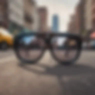 A close-up of unique sunglasses designed specifically for skateboarding