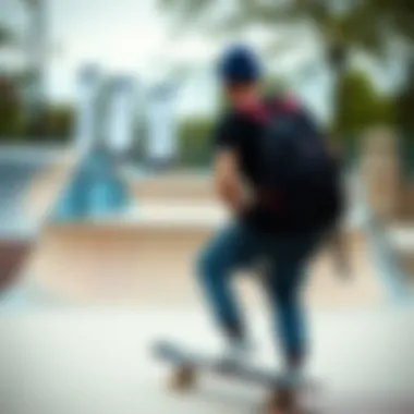 Skateboarder with Sprayground Backpack at Skate Park A skateboarder using a Sprayground backpack at a skate park
