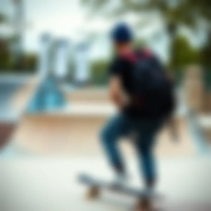 Skateboarder with Sprayground Backpack at Skate Park A skateboarder using a Sprayground backpack at a skate park
