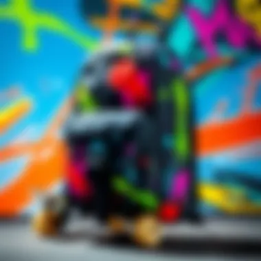 Vibrant Sprayground Backpack with Skateboard A vibrant Sprayground backpack showcased against a vibrant skateboard background