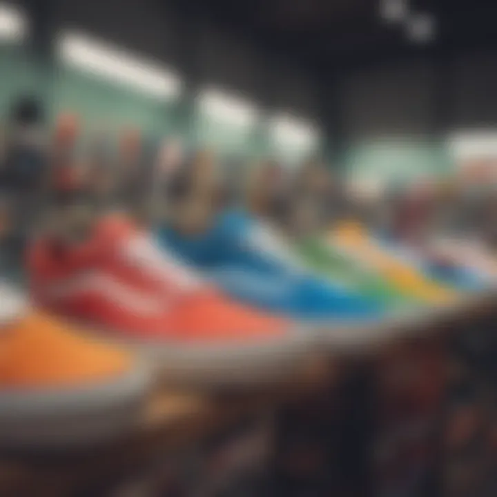 A collection of primary colored Vans lined up in a skate shop