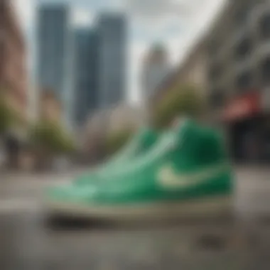 Artistic display of green Nike Blazers against a vibrant urban backdrop, symbolizing cultural significance.