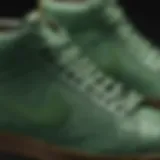 Close-up view of the Nike Blazers in green showcasing the unique texture and design elements.