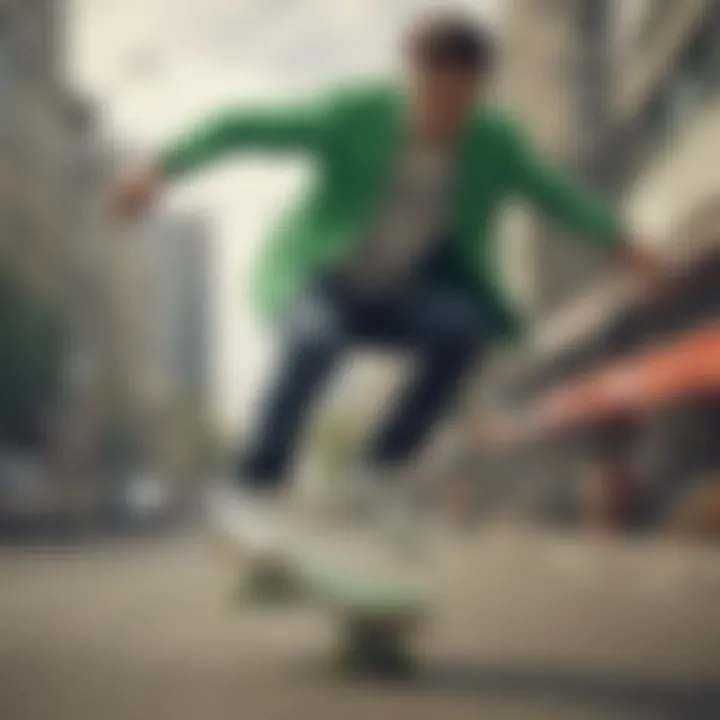 Skateboarder performing tricks in green Nike Blazers, highlighting the shoe's performance attributes.