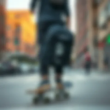 Urban Skateboarding with Functional Backpack Skateboarder using a backpack with a water bottle holder in an urban setting