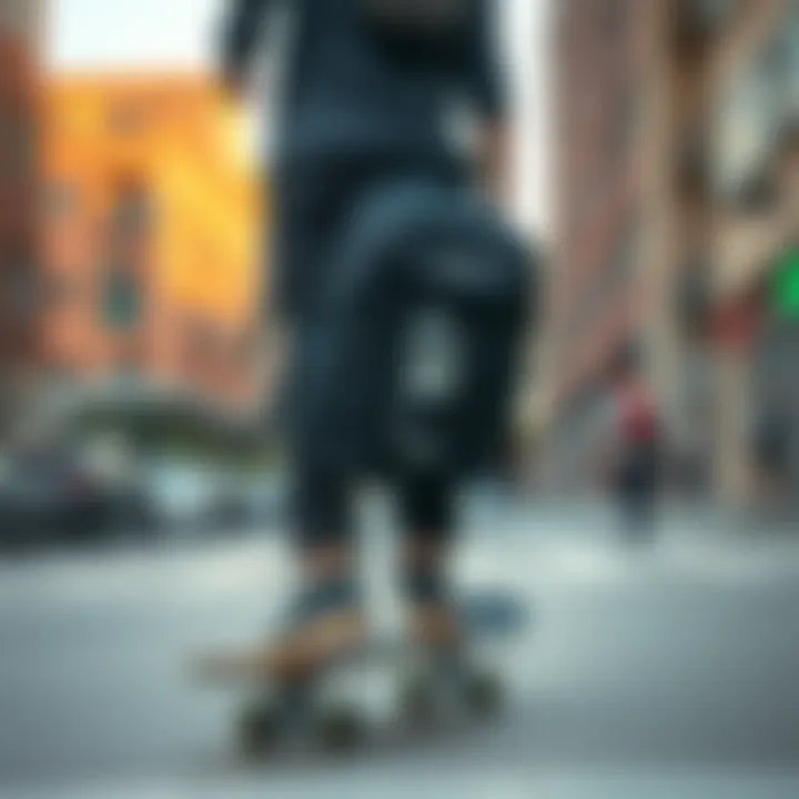 Urban Skateboarding with Functional Backpack Skateboarder using a backpack with a water bottle holder in an urban setting