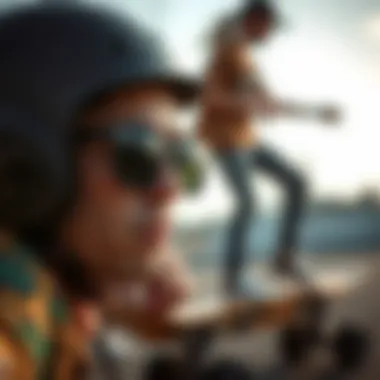 Skateboarding Culture with Ray-Ban Sunglasses An outdoor setting featuring a skateboarder wearing black round Ray-Ban sunglasses, highlighting their appeal in sports culture.